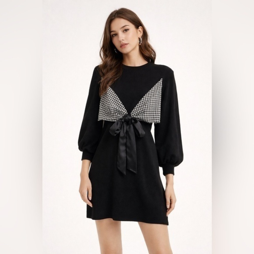 Macy McCoy Elegant Black Crewneck Dress with Houndstooth Accents